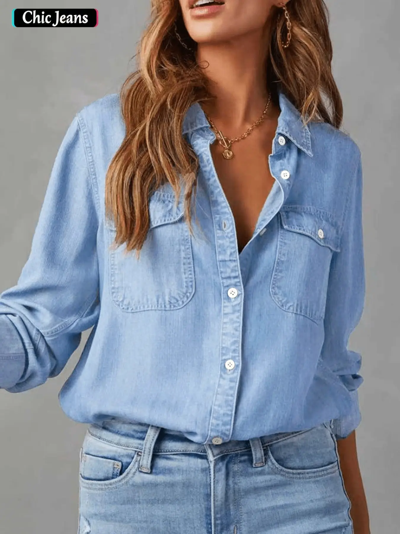 Women's Loose Long Sleeve Denim Shirt, Classic Collar Design, Vintage Western Style, Perfect for Office, Casual Shopping, Dates