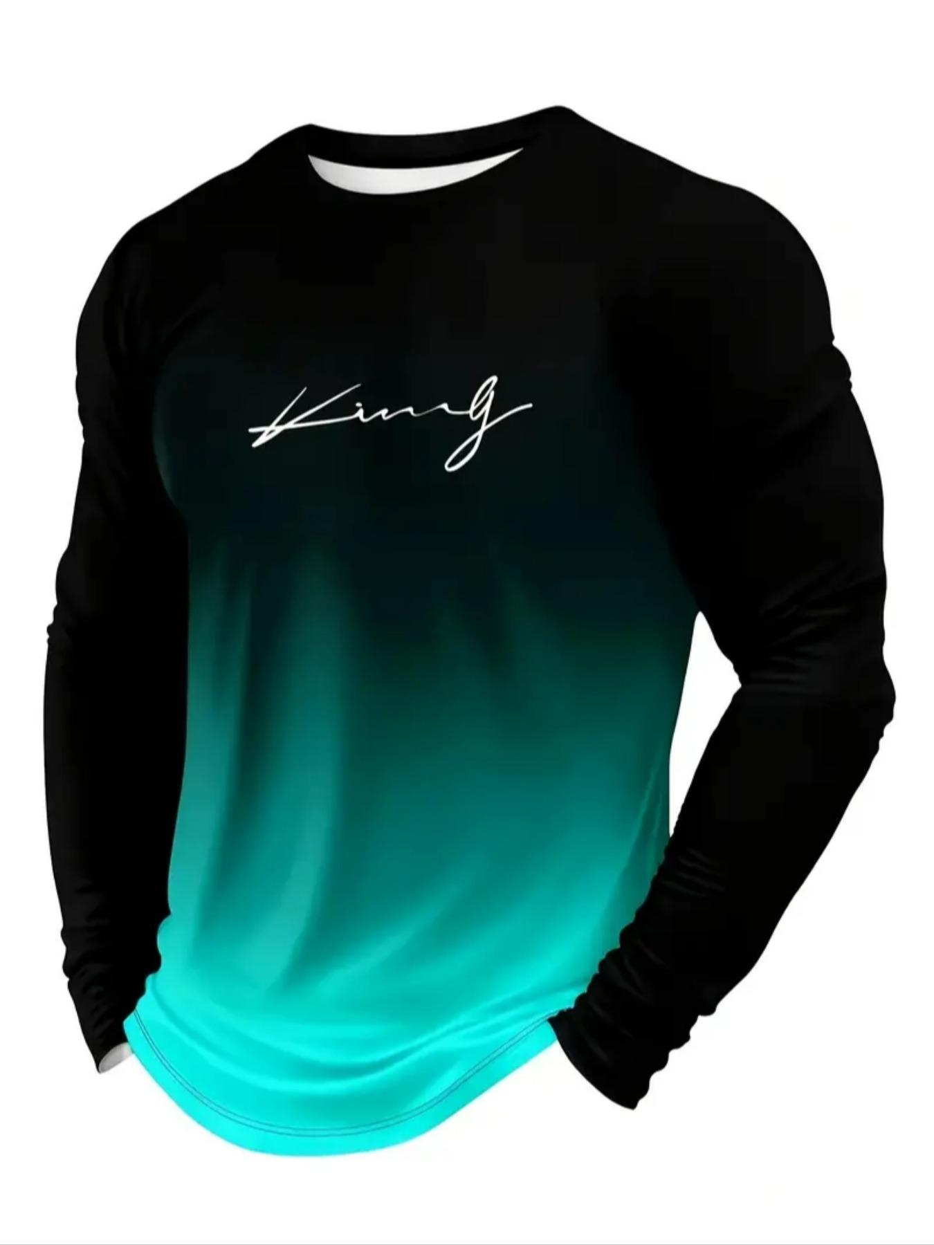 Men's Casual Long Sleeve Fitted T-Shirt, Gradient Color, Polyester Material, Round Neck, Letter Print Design
