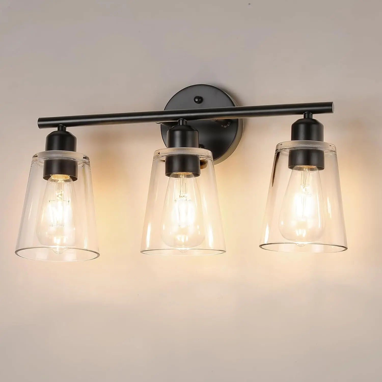 3-Light Vanity Lights for Bathroom, 19 Inch Matte Black Bathroom Light Fixtures Over Mirror, with Thickend Clear Glass Shade, Modern Wall Sconces for Kitchen Bathroom