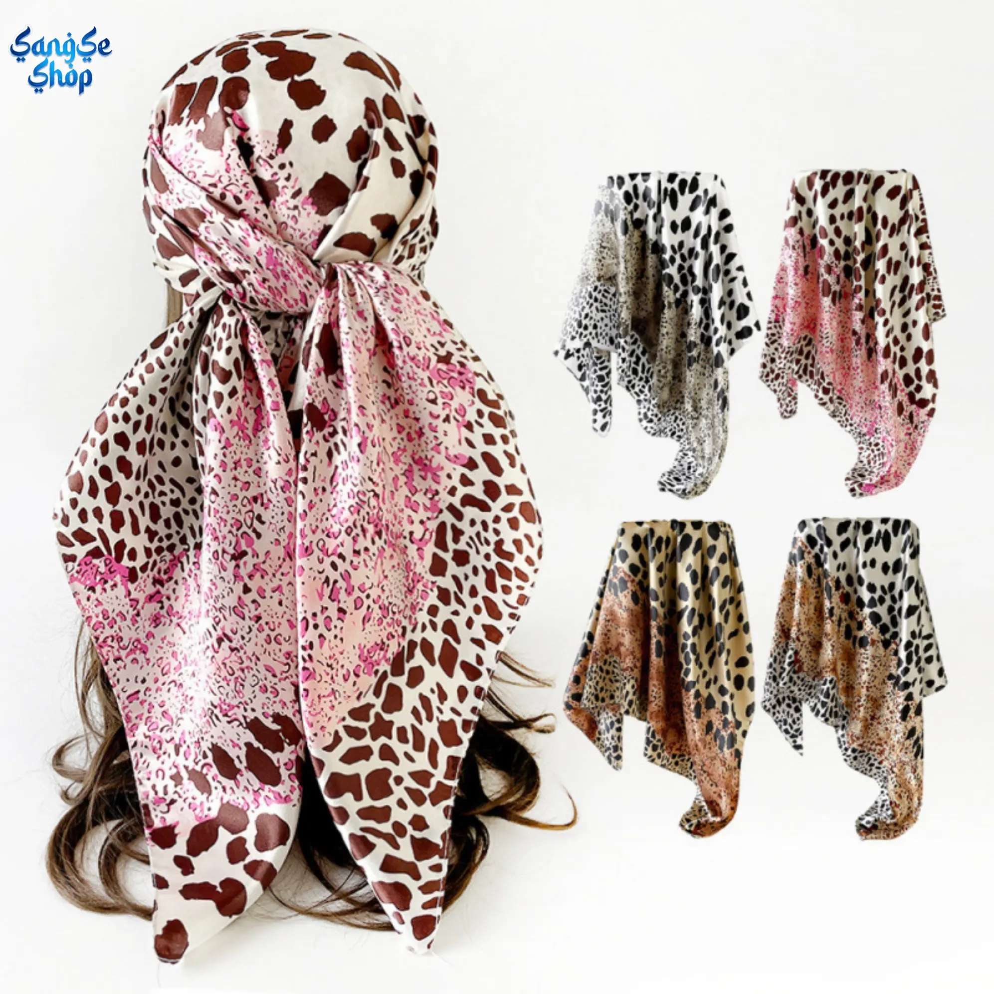 4-Pack Women's Leopard Print Satin Scarf, 90cm Square Head Scarves, Vintage Silk-Look Fashion Hair Wrap & Bag Charm Twilly, Fashion Hair Scarves, Scarf Head Wrap