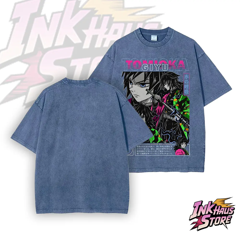 Demon Slayer Giyu Tomioka Water Hashira Oversized--Short Sleeve Cotton Unisex Retro wash Tee
