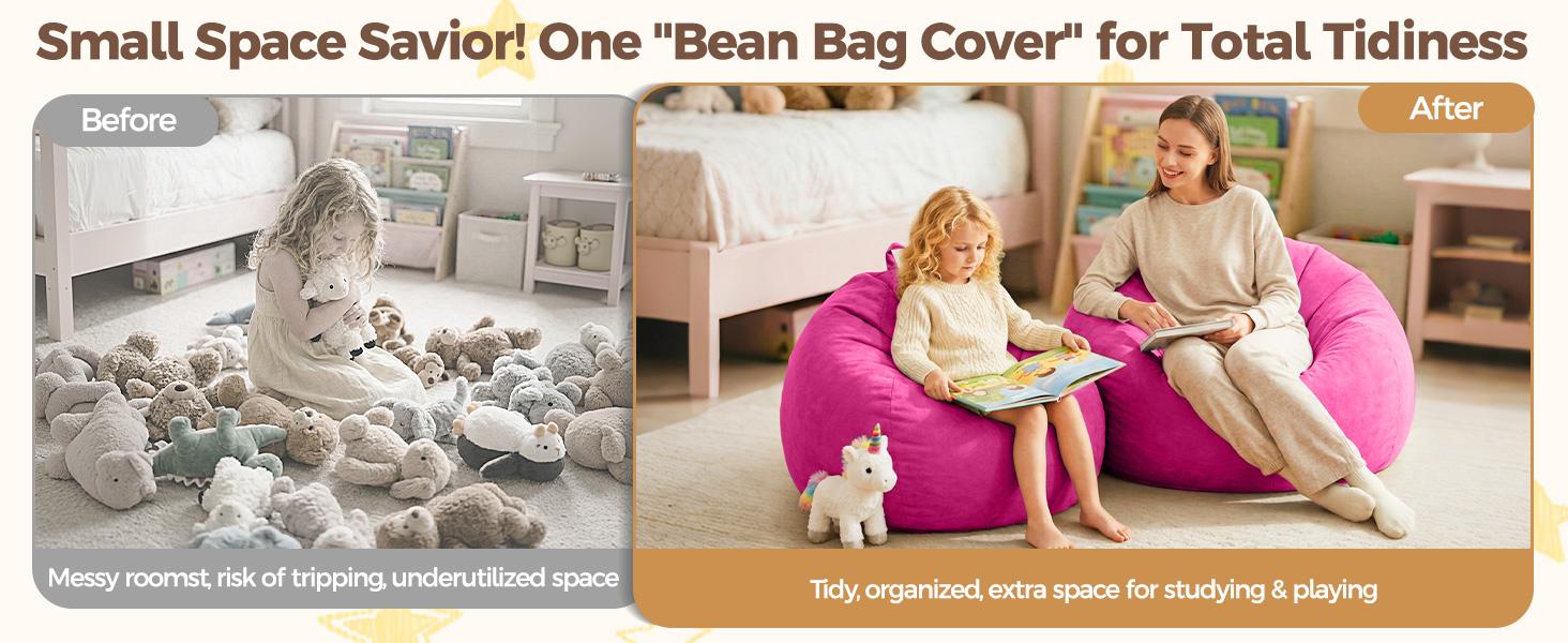 Stuffed Animal Storage Bean Bag Chair Cover – Soft Velvet Kids Beanbag with Handle, Machine Washable (No Filler). Hot Pink Organizer for Living Room, Bedroom & Dorm. Comfy & Functional.