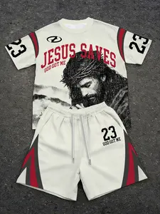 Men's Dark Religious Style Sport Set, Jesus Saves Graphic Tee & Casual Shorts, Breathable Streetwear, 2-Piece, Athleisure Set
