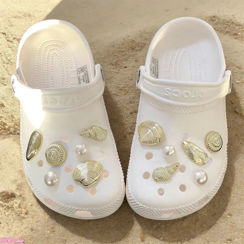 Light Gold Seashell Pearl Croc Charms Set, Detachable Conch Clog Decor Pins, Ocean Beach DIY Shoe Ornament Accessories for Customizing Summer Casual Sandals