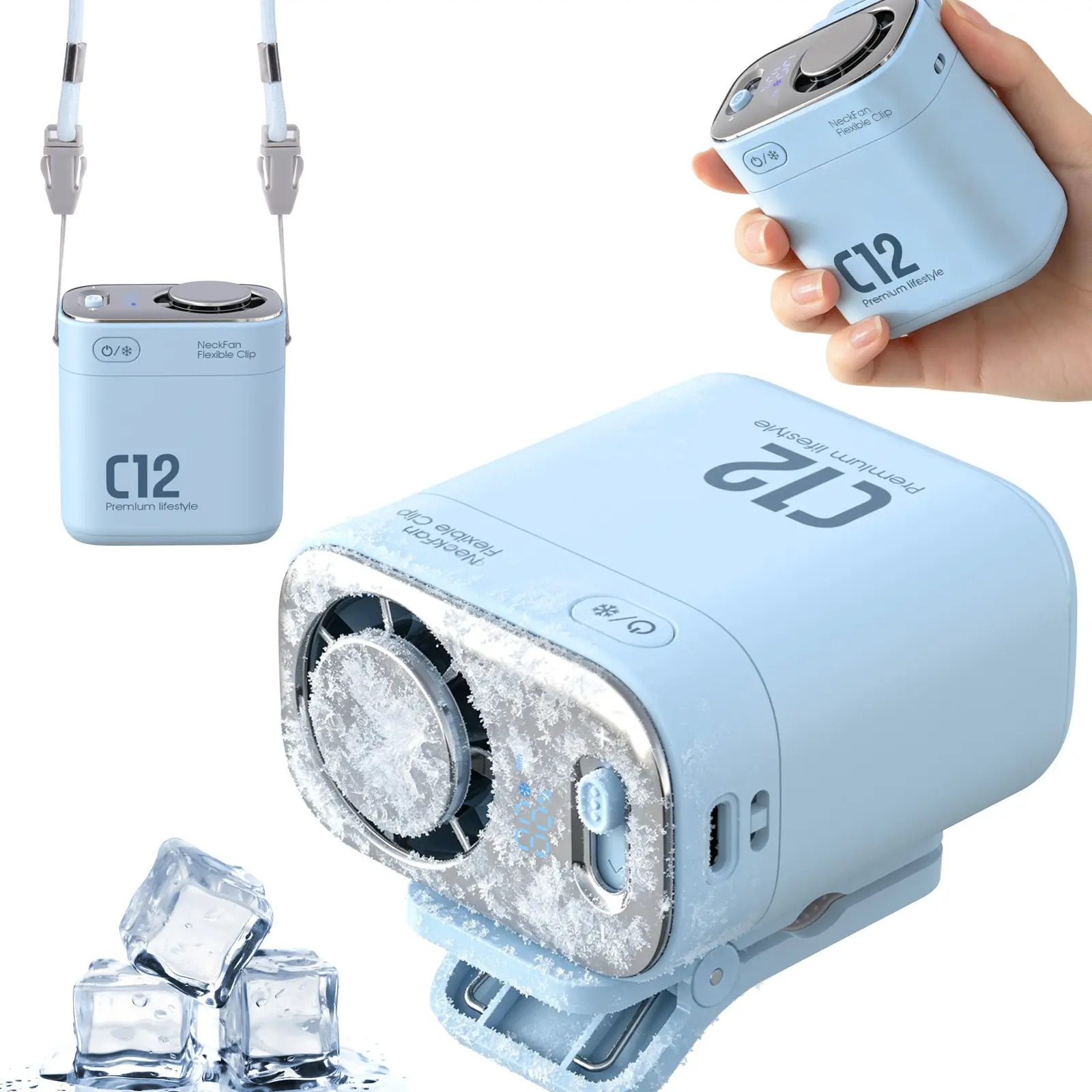 Portable Clip Fan with Snowflake Cooling Mode, 13000 Rpm Rechargeable Handheld Mini Fan, LED Display, 360° Rotatable, Summer Essential Gift