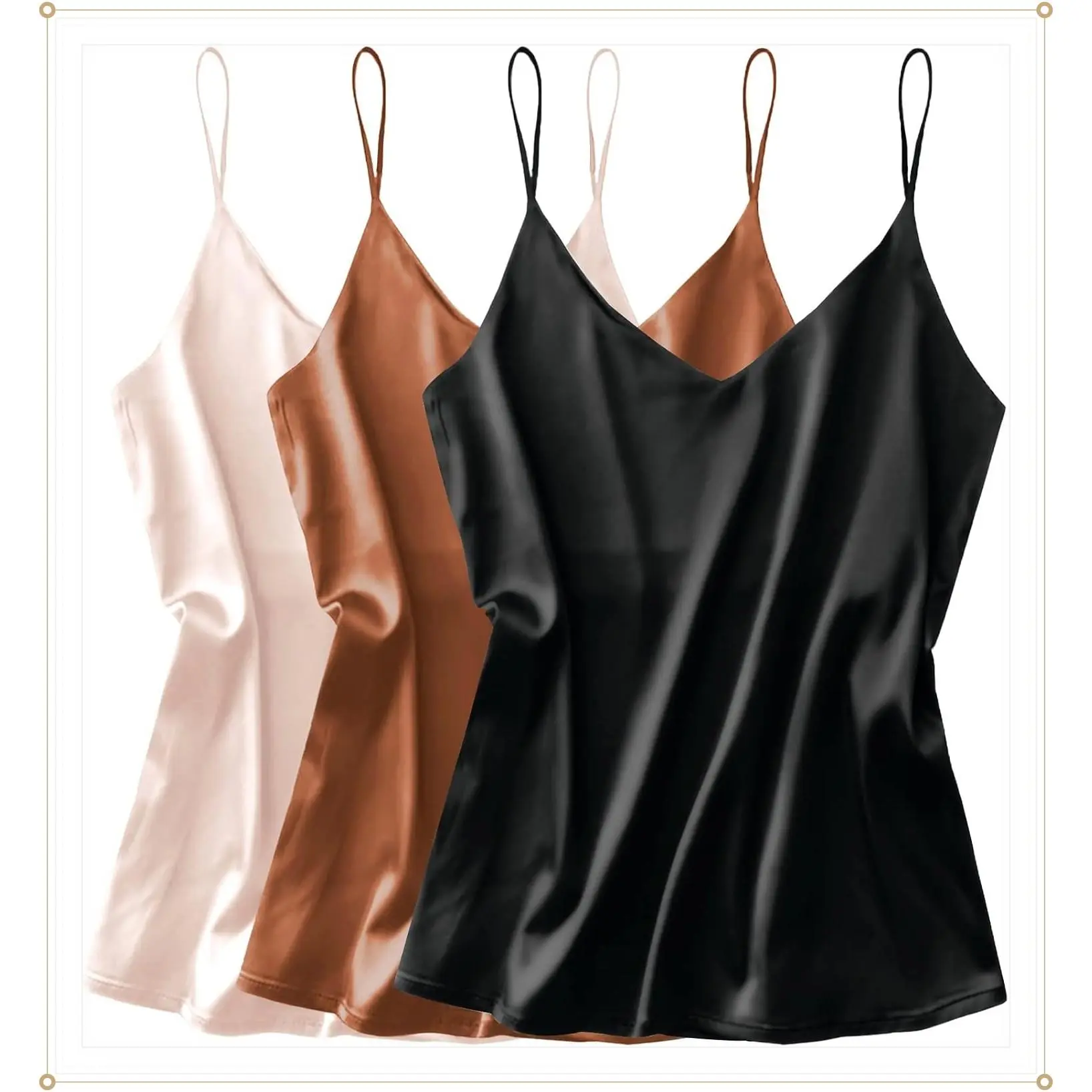 3 Pack Women's Silk Satin V Neck Camisole Tank Top Spaghetti Strap Loose Sleeveless BlouseGift