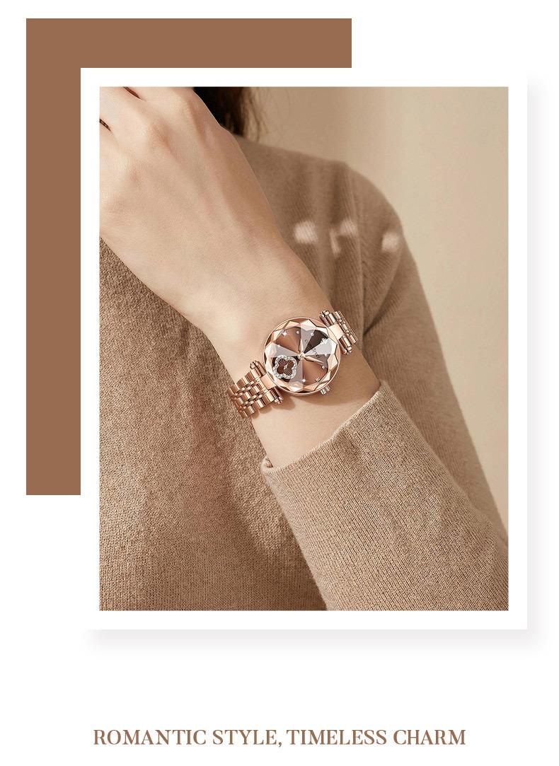 Women's Luxury Rose Gold Quartz Watch - Red Clover Dial with Crystal Accents, Diamond Flower Detail, Stainless Steel Band, Elegant Dress Wristwatch, Perfect Gift for Her