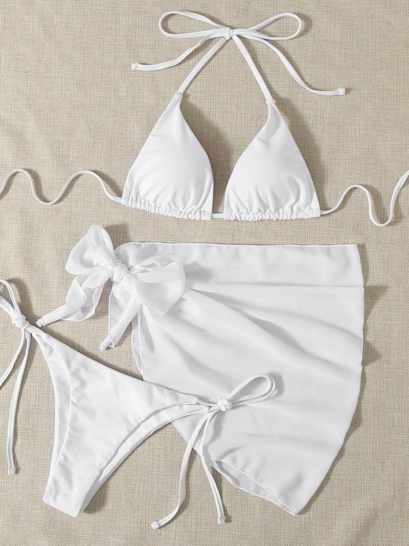 Three-Piece Set Women's Solid Bikinis Set,  Casual Padded Triangle Halter Swim Top & Tie Side Swim Bottom & Cover Up Skirt Set for Beach Holiday Vacation, Halter Bikini Swimsuit, Summer Outfits 2026