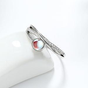 Elegant and exquisite 925 Sterling Silver Moonstone Rings for Women Girls Shiny CZ Crossed Round Moonstone Ring Thumb Adjustable Ladies Rings