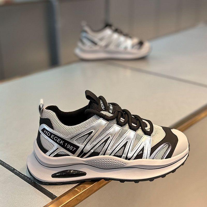 Men's thick-soled sneakers, height-enhancing, comfortable, lightweight, trendy shoes, color-blocked, low-top, lace-up, mesh, breathable men's shoes