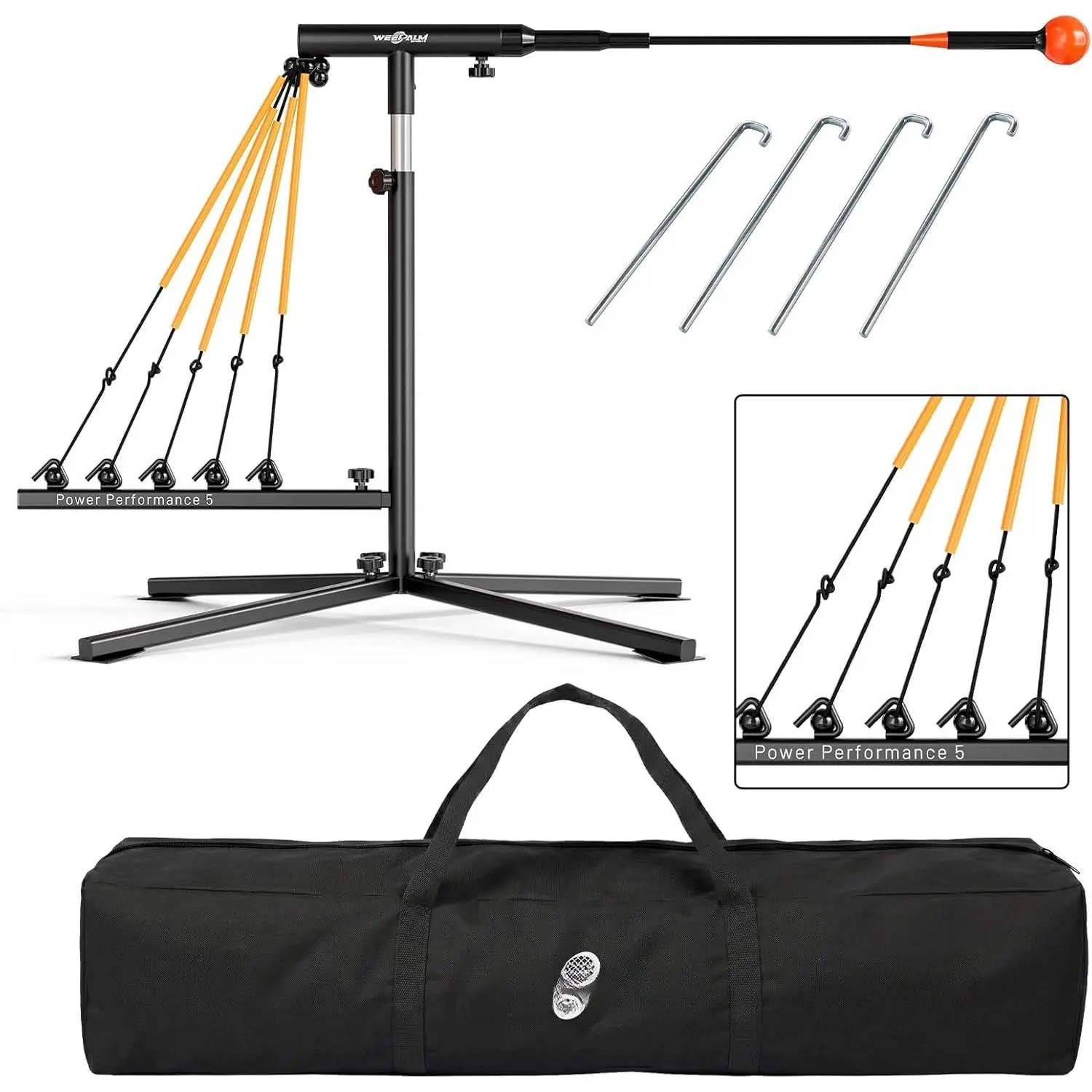 Baseball Softball Swing Trainer with 5 Power Bands, Adjustable Height Hitting Trainer for  Batting Practice, Auto-Return Swing  Aid with  X-Base, Ground Peg & Carry Bag