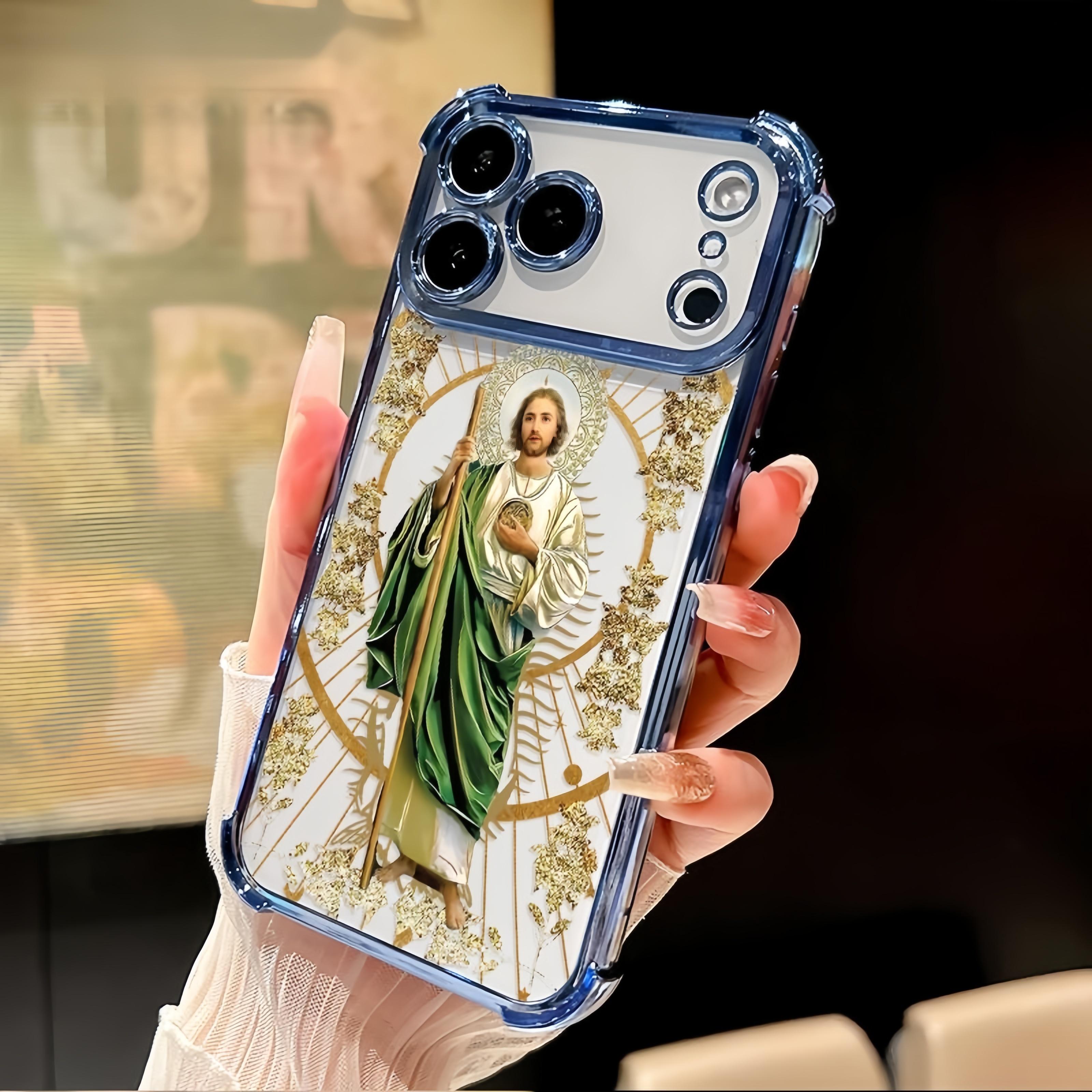 Luxury Saint Jude Thaddeus Transparent Electroplated Corner Shockproof Phone Case For iPhone 17 Pro Max 16 Air 15 Plus 14 13 12 11 E Heavy Duty Cushion Bumper Protective Cover Religious Gift For Men Women, Ideal Holiday Present