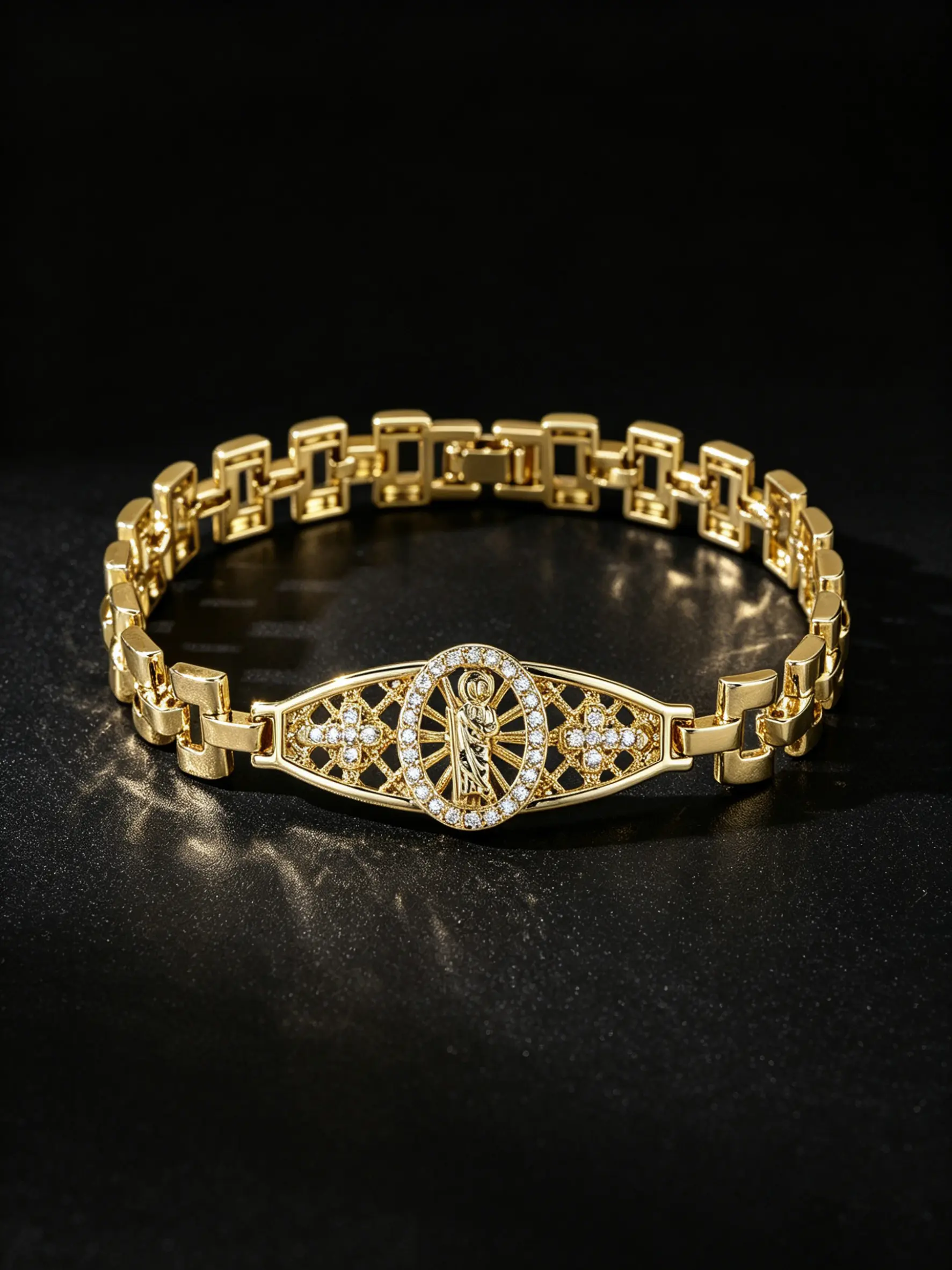 Gold Plated Hollow Mesh Link Bracelet Oval Saint Mary Pendant Full Paved Zircon Religious Chain Wristband Vintage Luxury Adjustable Jewelry For Women Daily Wedding Party Gift