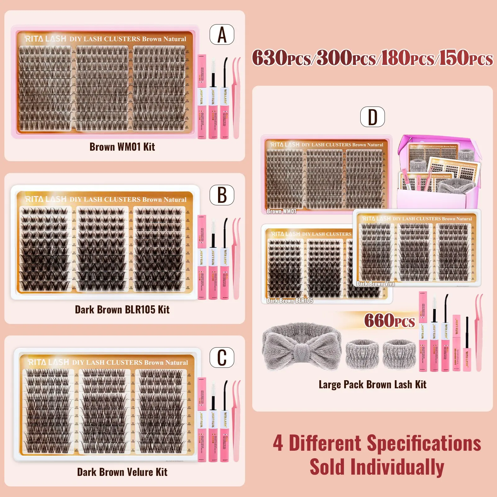 RITALASH 660PCS Dark Brown Individual Lash Cluster Kit Soft Natural Lashes Clusters Bulk Pack DIY Eyelash Extensions Waterproof Durable for Beginners  (WM01-BLR105-Velure)