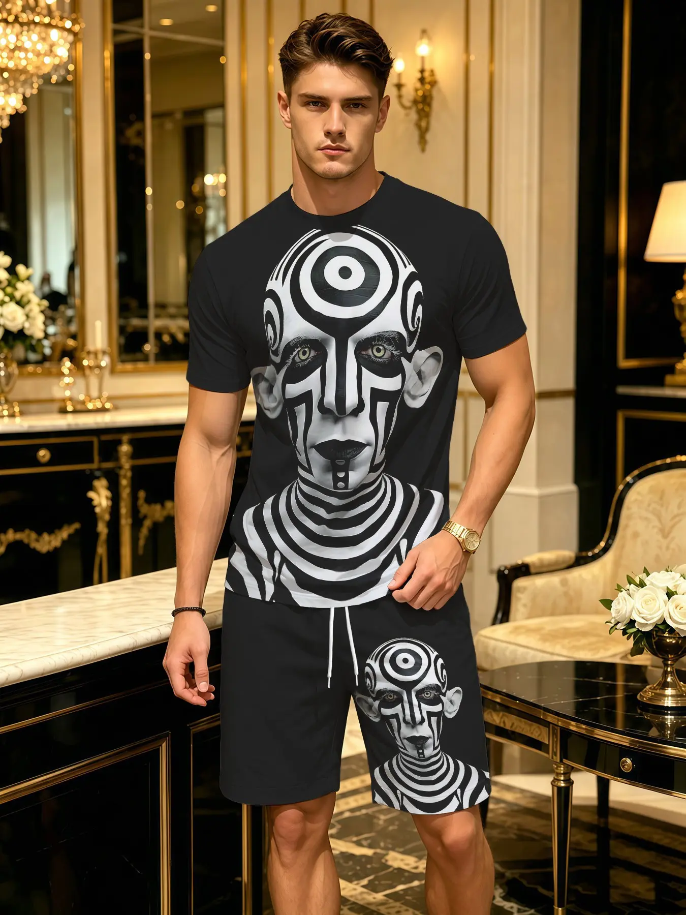 Men's 3D Digital Print Top and Shorts Set, Base with Geometric Patterns, Casual Fitted Short Sleeve, All Seasons Wear