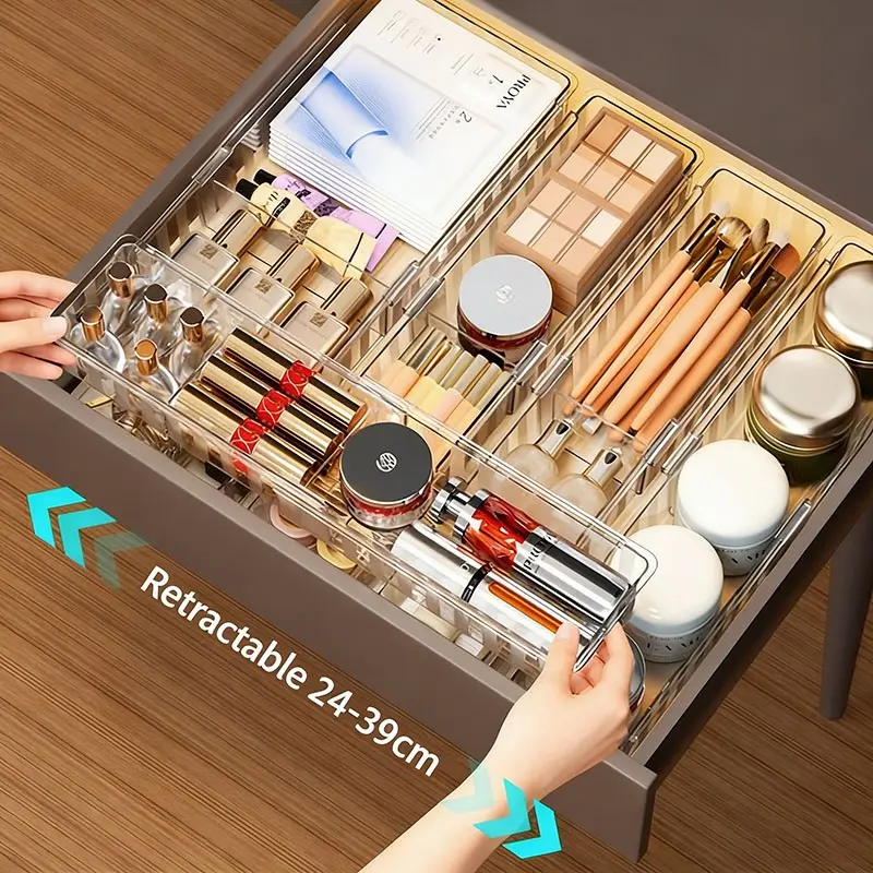 Adjustable Drawer Organizer Box, Ideal for Makeup Vanity, Bedside Cabinet, Cosmetic Separators, Transparent Desktop Storage, Essential for Women