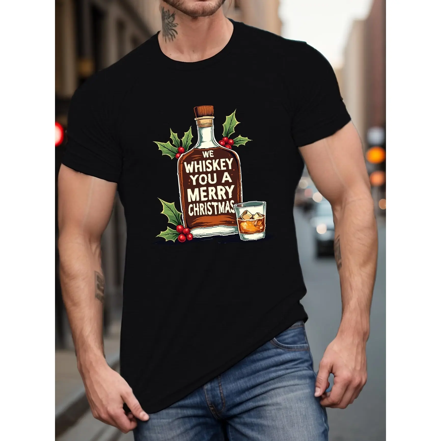 Whiskey Christmas Graphic Oversized Cotton T‑Shirt, Cute Fashion Outfit, Perfect Holiday Valentine Gift for Him Her, Best Present for Family Friends