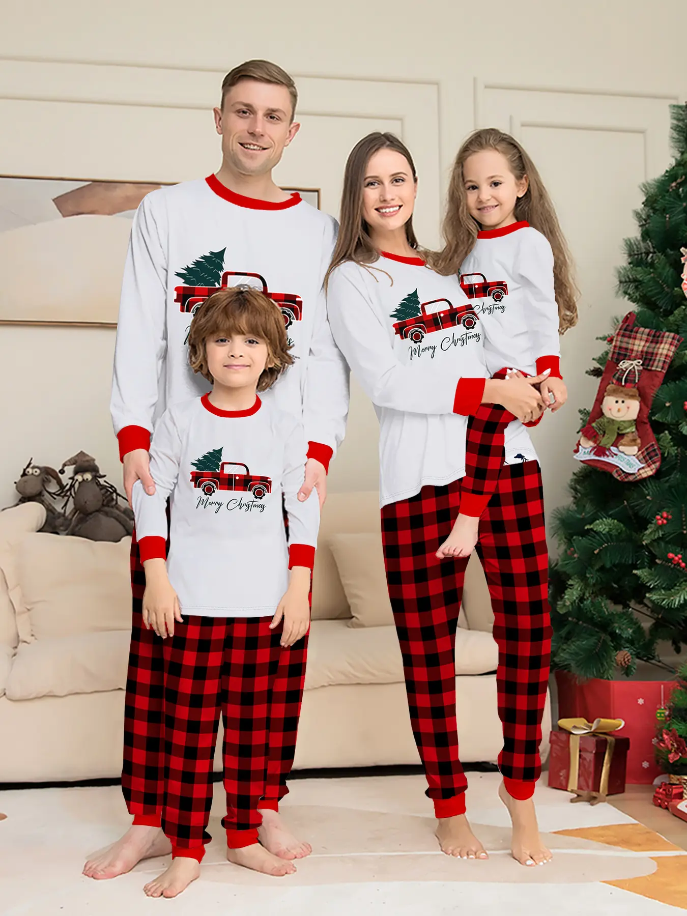 Christmas Red Black Plaid Raglan Matching Family Pajamas, Soft Color Block Loungewear for Adults, Kids, Couples & Family of 3/4