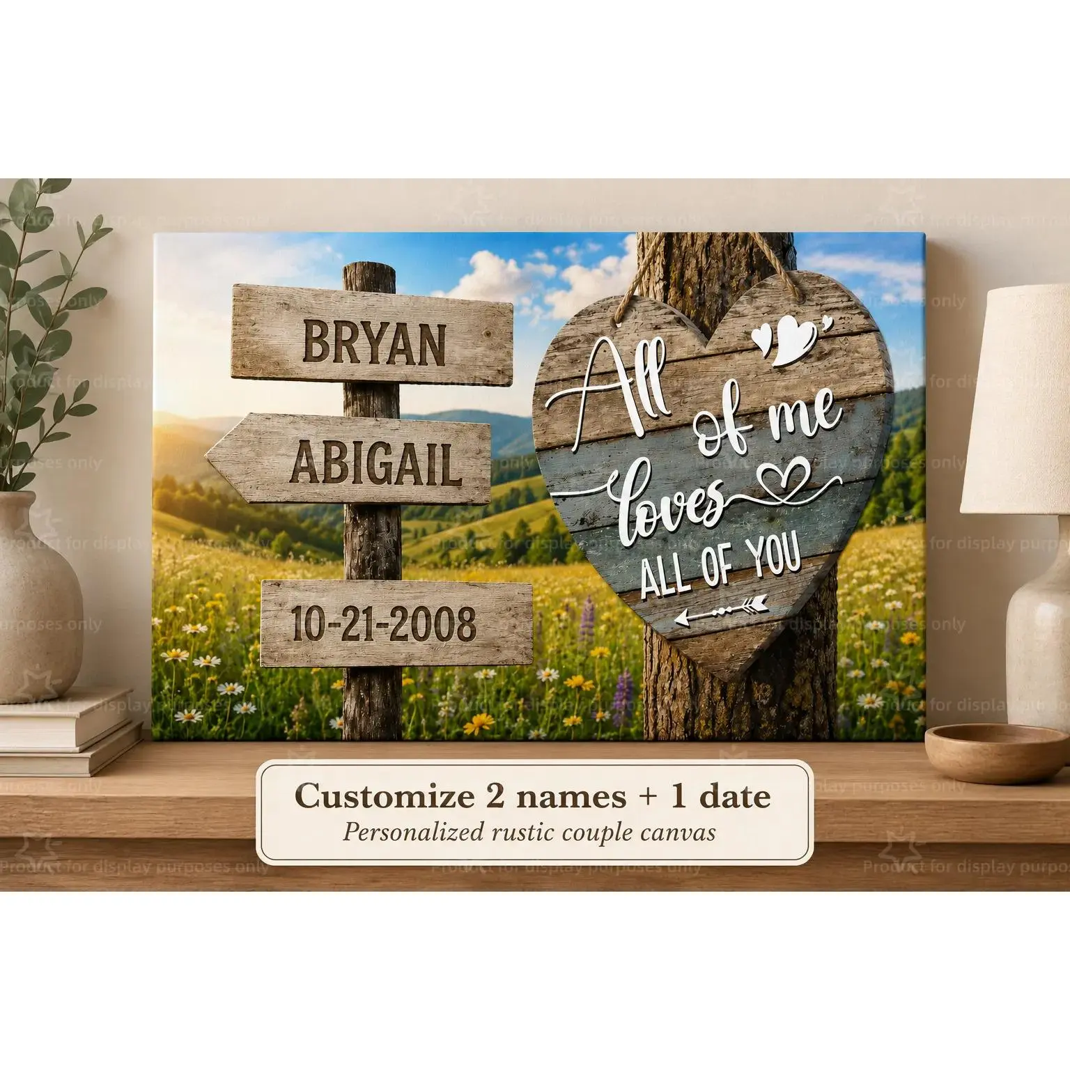 Custom 2 Names 1 Date Rustic Heart Sign Canvas Wall Art, Personalized Couple Name Poster Print for Bedroom Living Room Decor, Anniversary Gift, Decorative Poster, Unframed Canvas Poster or Framed Canvas Wrap