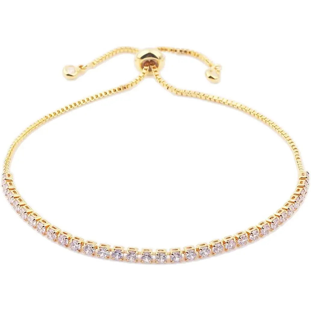 Women's Adjustable Length Cubic Zirconia Tennis Bracelet, Minimalist Shiny CZ Chain with Chain Slider, Summer Costume Jewelry Party Gift, Plated Brass, Rhinestones