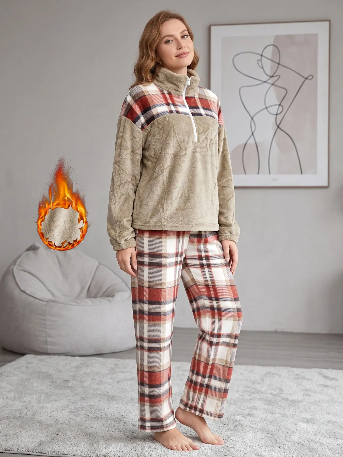 Women's Fall Winter Casual Lazy Style Plaid Flannel Two-Piece Set, Half High Neck Half Zip Drop Shoulder Long Sleeve Loose Fit Pajamas