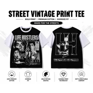 Life Hustlers Patchwork Graphic T Shirt – Washed Black and White Short Sleeve Tee, Vintage Streetwear Hip Hop Punk Casual Top, Men Youth Summer TikTok Trendy Daily Outfit