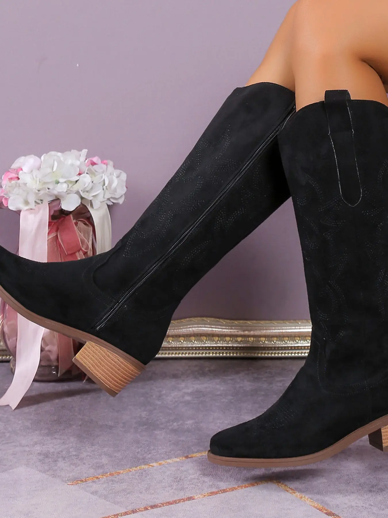 New Five-Color Embroidered Western Cowboy Long Boots with Sandstone Matte Heel and Pointed Toe Side Zipper Slim Fit Tall Boots for All Seasons, Stylish and Durable Footwear