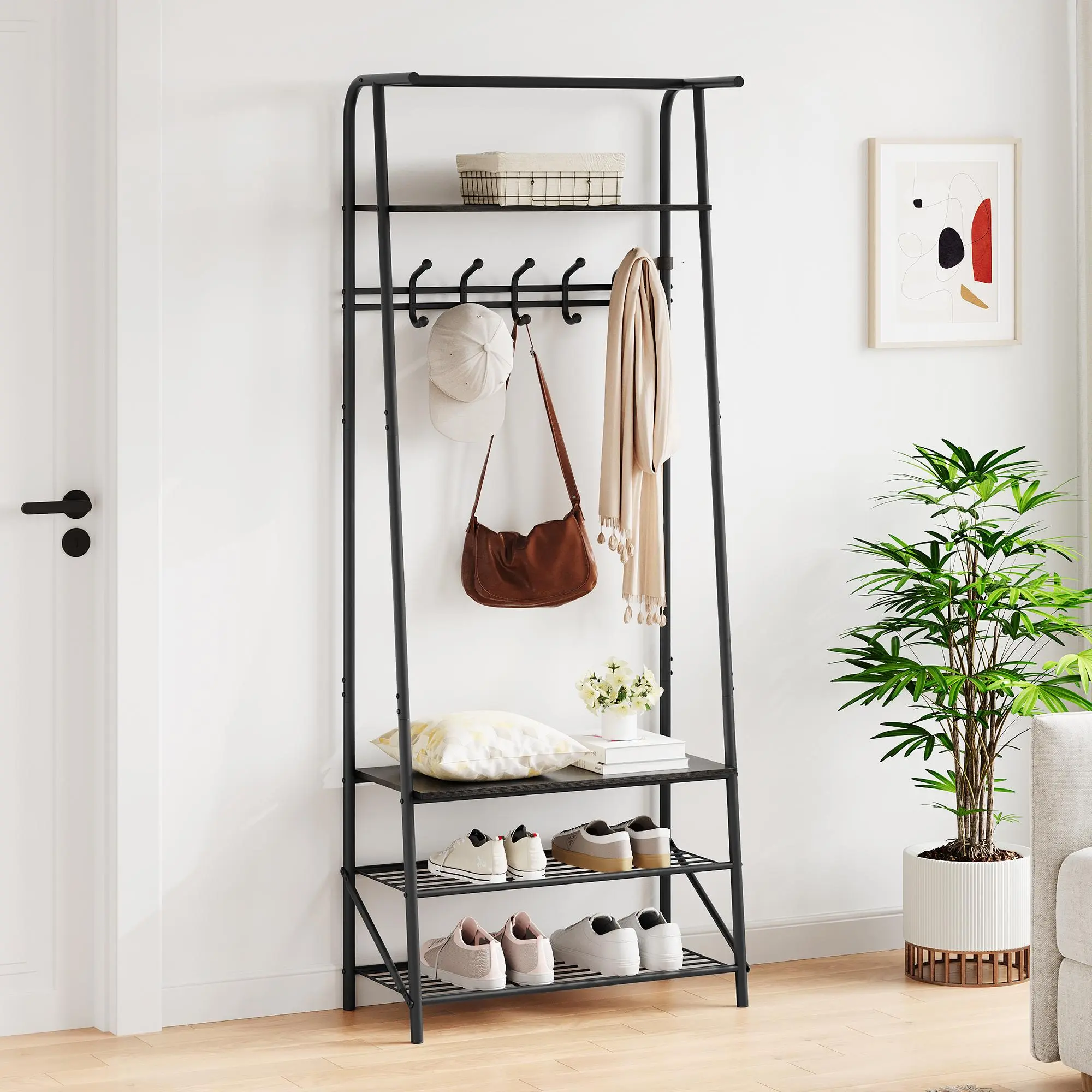 Modern 4-in-1 Entryway Hall Tree - Durable Metal Frame Coat Rack with Bench, 5 Hooks, 3-Tier Shoe Storage, Holds Up to 350 lbs for Entryway, Front Door