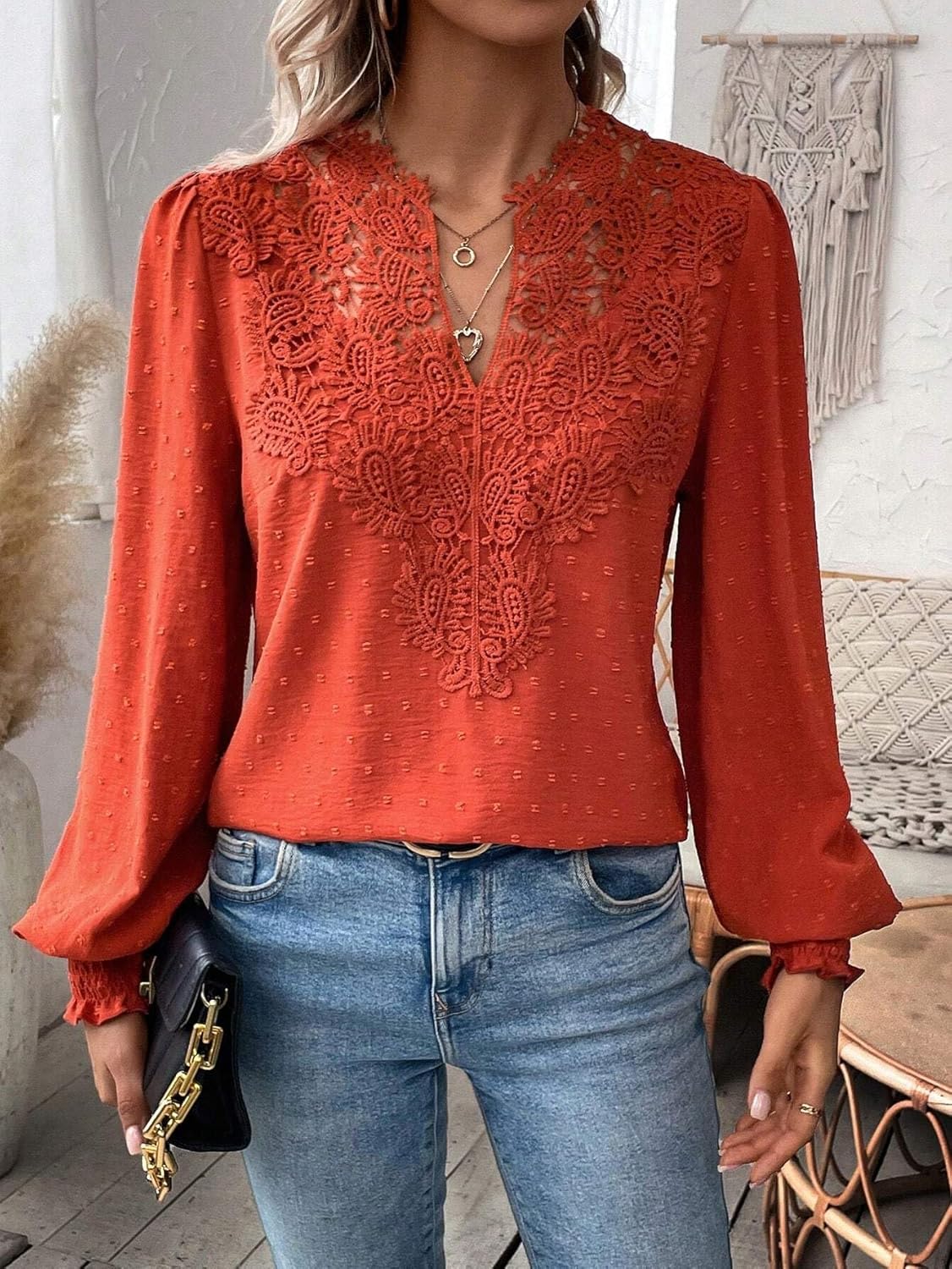 Womens Dressy Lace Blouse V-Neck Ruffle Long Sleeve T Shirt 2026 Fall Fashion Clothes Lace Crochet Casual Boho Tees Tops