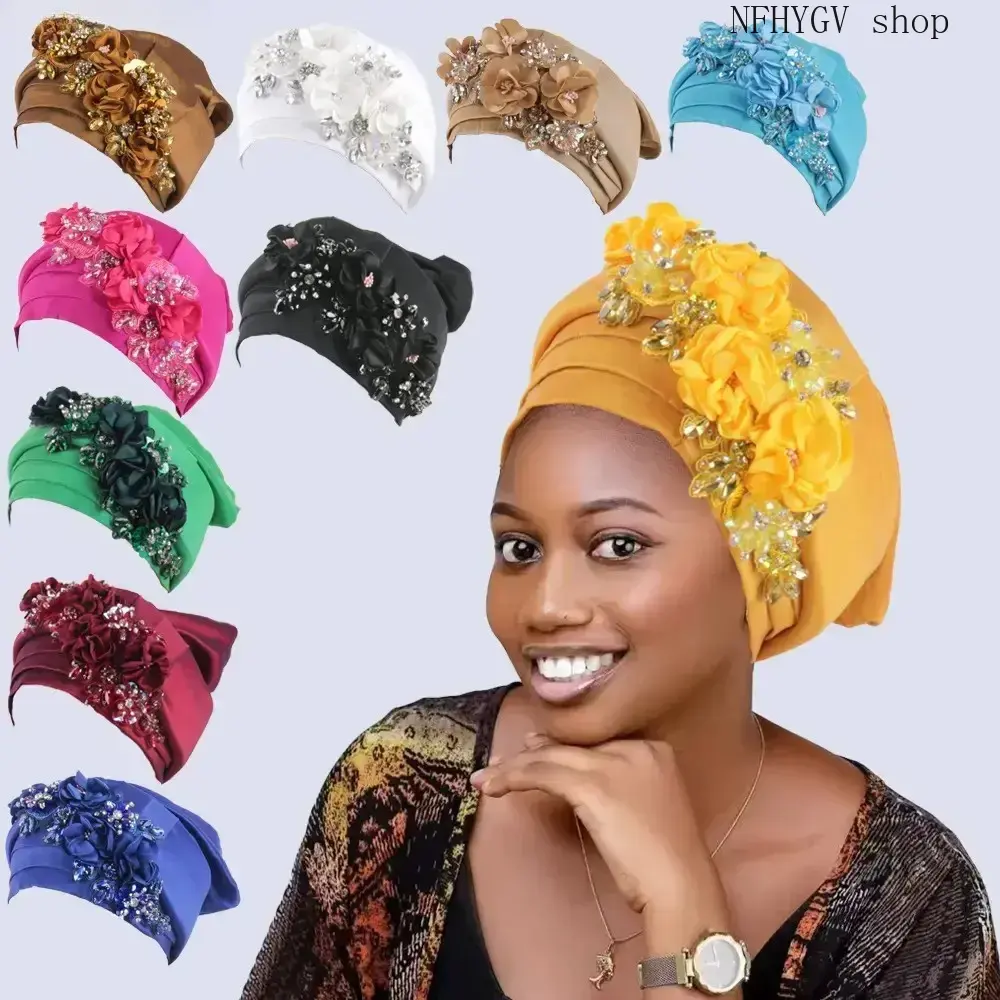 Luxury African Floral Turban Headwrap For Women, Rhinestone Decor Muslim Hijab Cap, Nigerian Style Headpiece Accessory For Wedding Ceremonies Church Services Party Events And Formal Special Occasion Outfit Styling Use