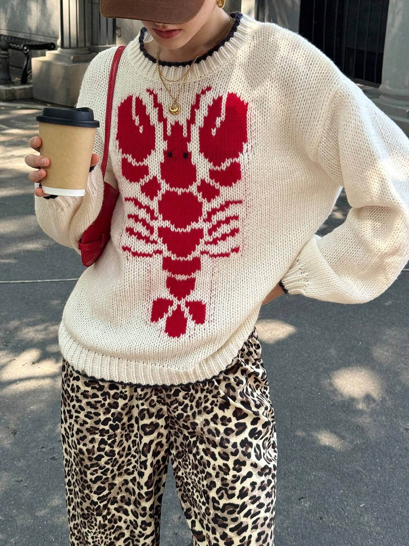New2025Women's Cartoon Lobster Print Drop Shoulder Sweater, Casual Long Sleeve Round Neck Jumper for Fall & Winter, Fashion Ladies' Knitwear for Daily Wear, Longsleeves Tops for Women, Womenswear(Gift)11