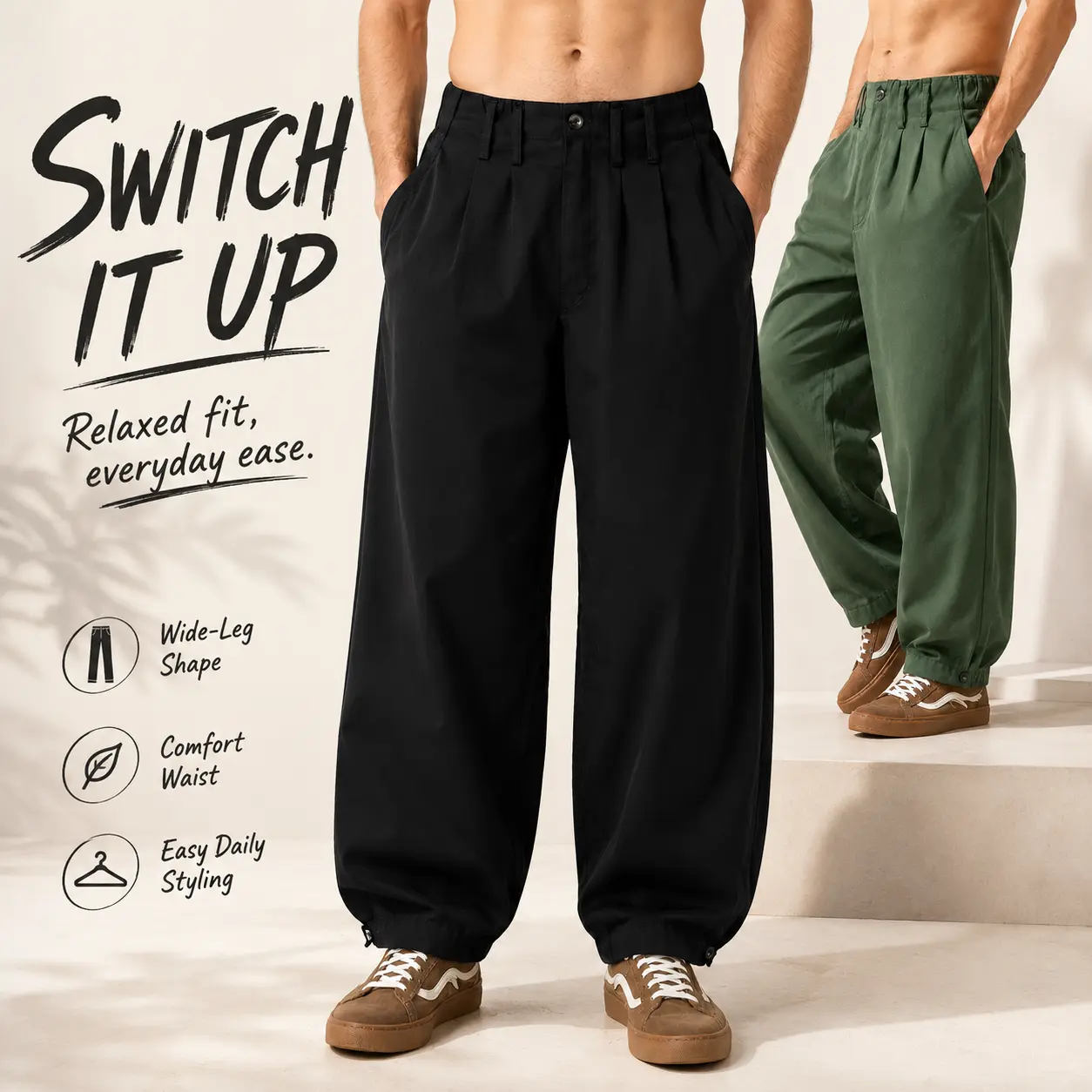 Men's double-pleated loose balloon wide-leg casual pants with elastic back waistband, adjustable cuffs, straight-leg suit pants, versatile street-style long pants