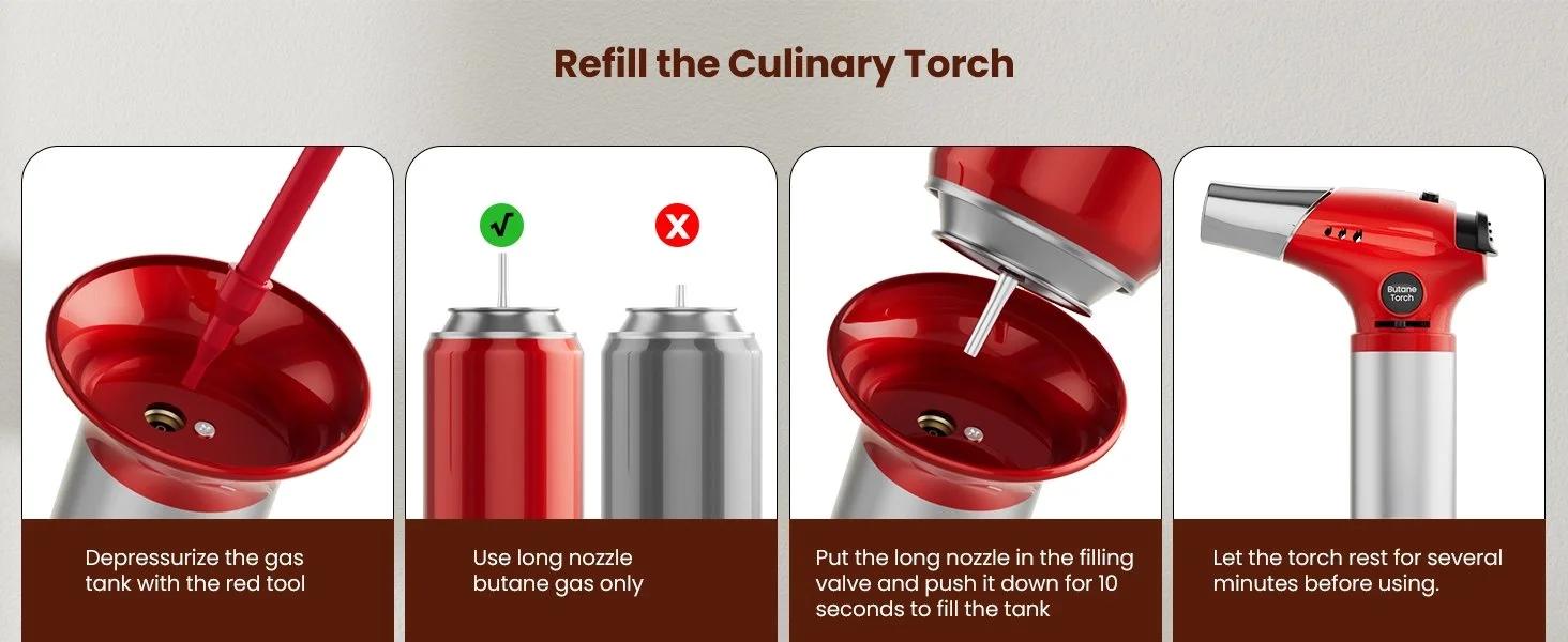 THE WELL KEPT Creme Brulee Torch, Refillable Butane Torch Lighter, Kitchen Torch Food Torch with Safety Lock & Adjustable Flame for Baking, Crafts, BBQ (Gas Not Included) Bakeware Red THE WELL KEPT Creme Brulee Torch, Refillable Butane Torch Lighter, Kitchen Torch Food Torch with Safety Lock & Adjustable Flame for Baking, Crafts, BBQ (Gas Not Included) Bakeware Red