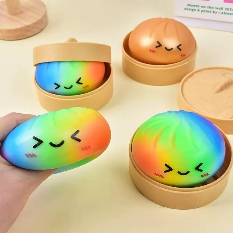 Surprise Blind Box Dumpling Squishy - Mysecret Bun Fidget Toy with Steamer, Collectible Kawaii Dough Ball (70% White, 20% Golden, 10% Rare Rainbow), Sensory Stress Relief Toy for Kids & Adults