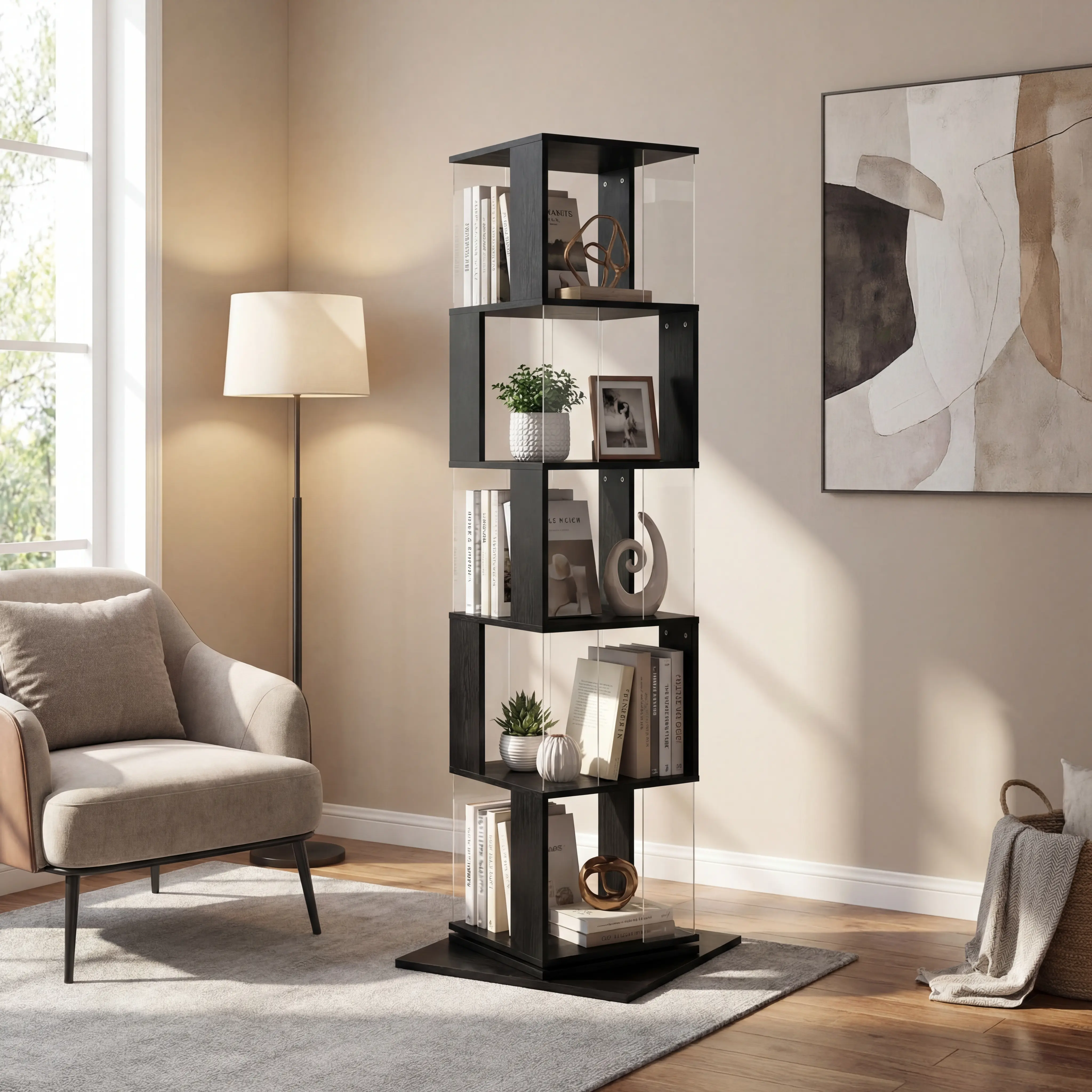 ARCH 360° Rotating Bookshelf with Acrylic Plate, 5-Tier Tall Floor Rack, Simple Bookcase, Modern Display Shelf for Living Room, Home Office, Bedroom, Storage Organizer, Multiple Color Options, Home Furniture and Household Product Search Terms, Ample Verti