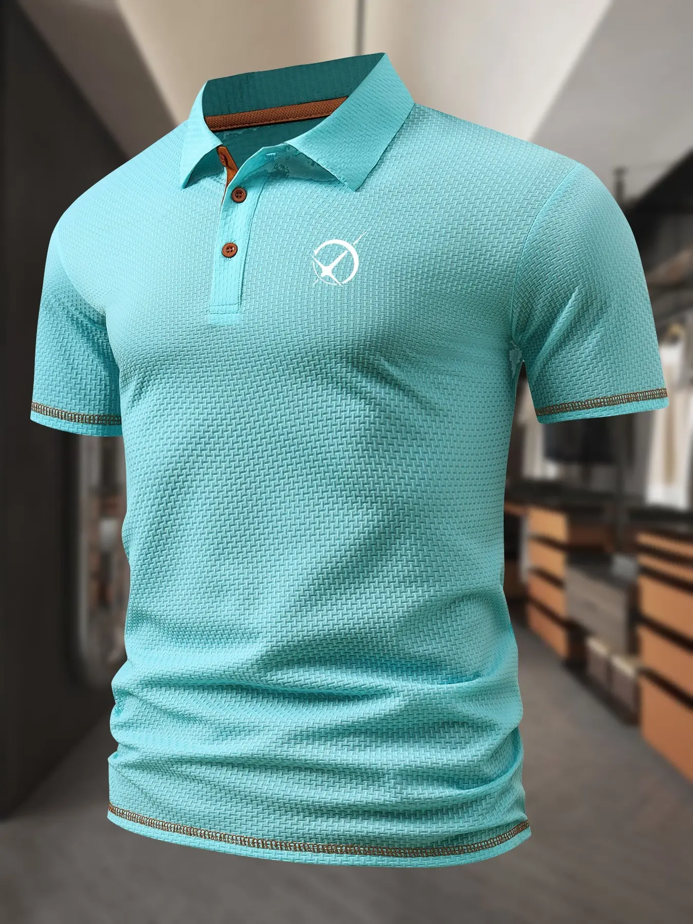 Men's Ice Silk Textured Plaid Polo Shirt, Color Contrast Collar Geometric Print, Lightweight Silky Fabric, Business Casual Daily Short Sleeve Top