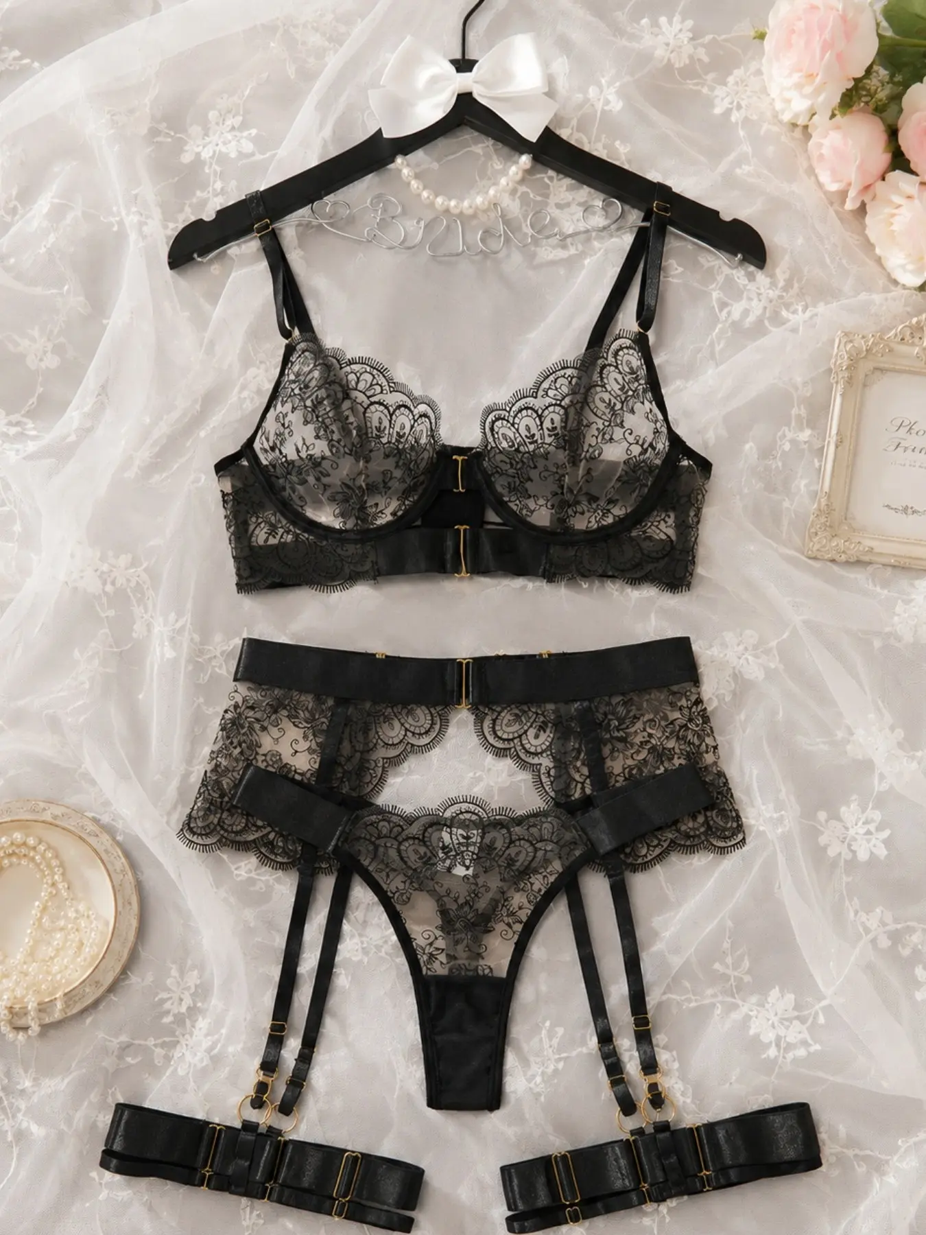 Women's Luxury Embroidered Lace Lingerie Set - Front-Closure Underwire Push-Up Bustier with Garter Belt Straps 4-Piece Outfit