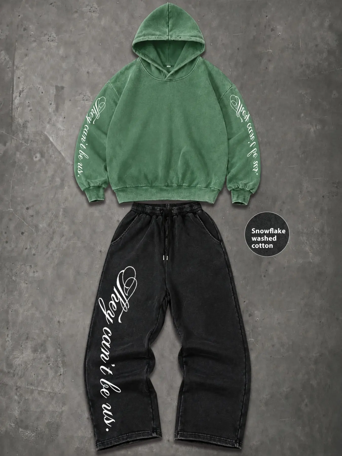 Cozy Vintage Acid Wash Hoodie and Sweatpants Two-Piece Set, Matching Tracksuit, Unisex Loose Fit Script Graphic Tracksuit for Street Casual and Airport Outfits