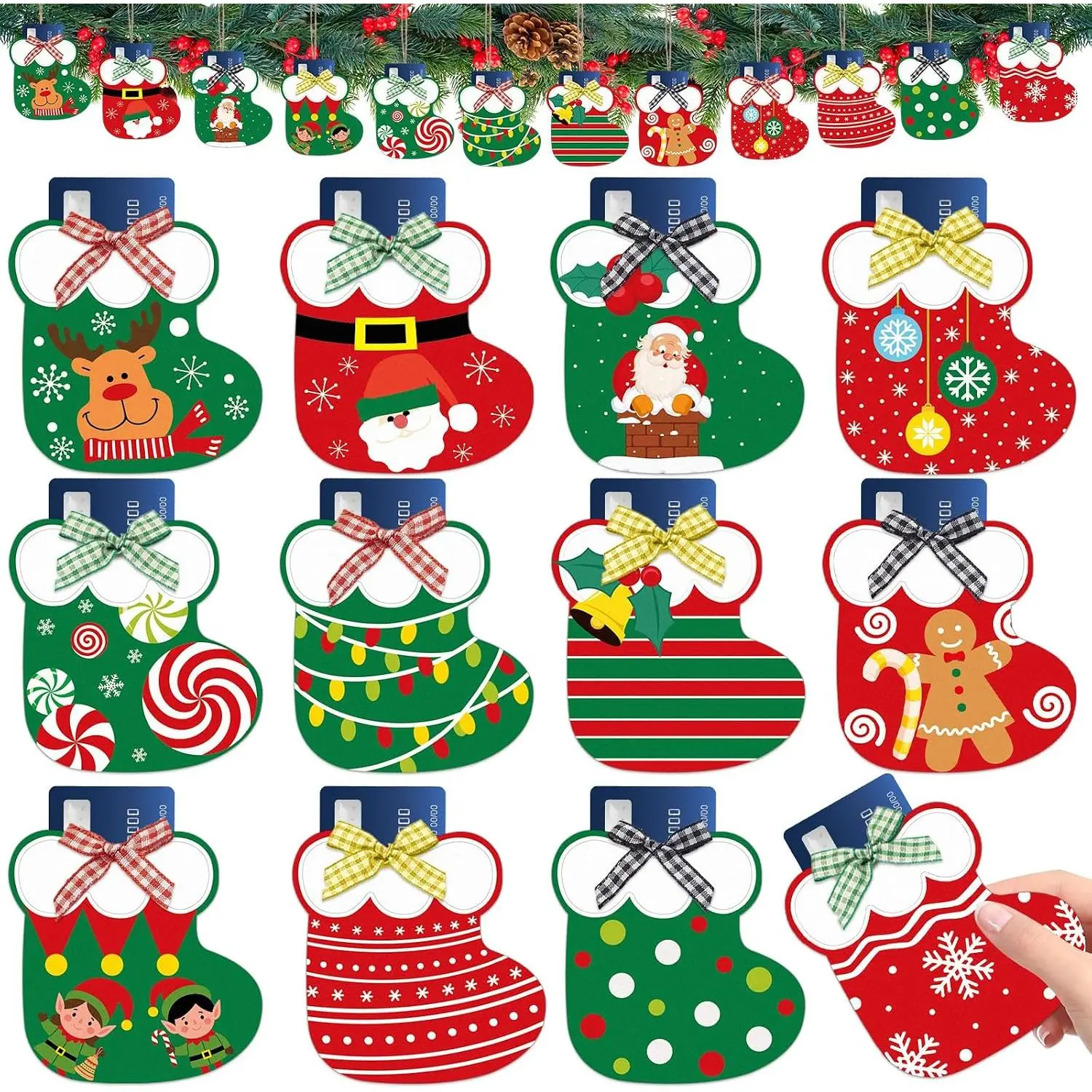 12 count Christmas Card Holder Gifts Wooden Red and Green Socks  and  Card Sleeves Stocking Christmas  Holders Merry Xmas  Tags for Xmas Tree Ornament Winter Holiday Party Decor(Socks)