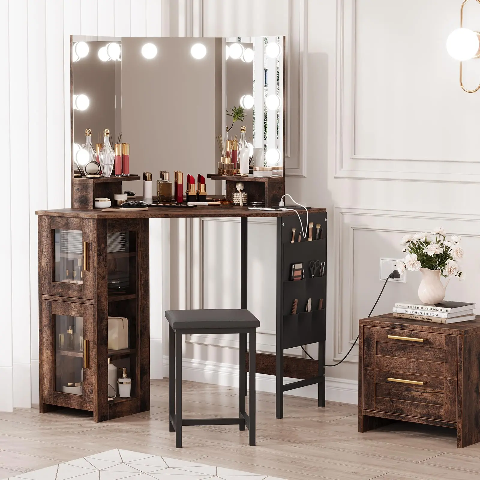 Garvee Corner Makeup Vanity, Vanity Desk and Stool with Light
