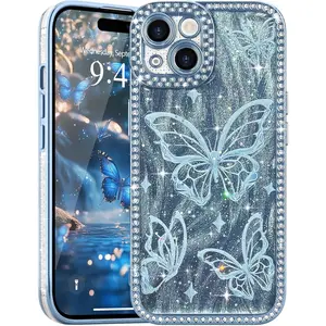 for iPhone 15 Bing Butterfy Case, Cute uxury Sparke Gitter Diamond Crysta Rhinestone Protective Case Cover for Girs Women Kids Compatibe with iPhone 15 6.1 Inch,Bue