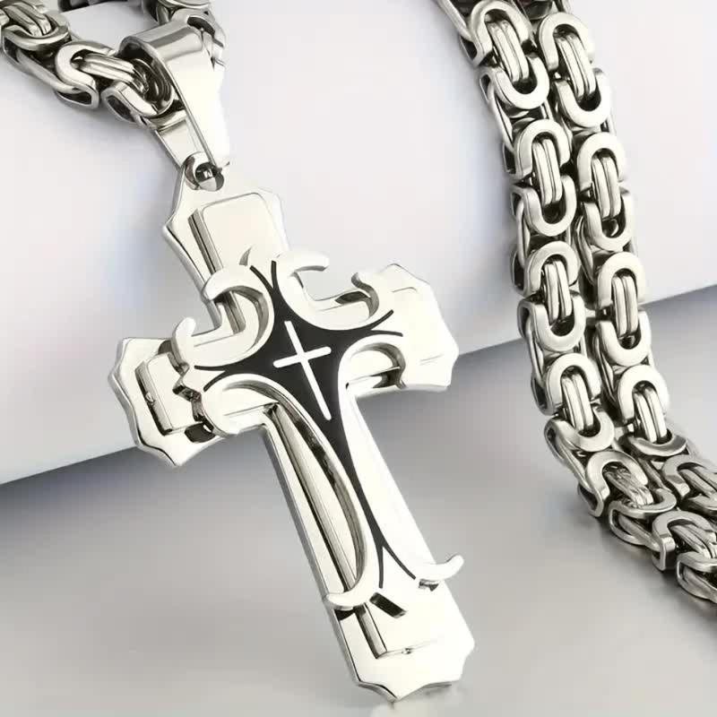 FLORIDECO Unisex Vintage Handmade Multi-layered Necklace Stainless Steel  Cross Pendant Jewelry for Youth Cuban Link Design Elegant