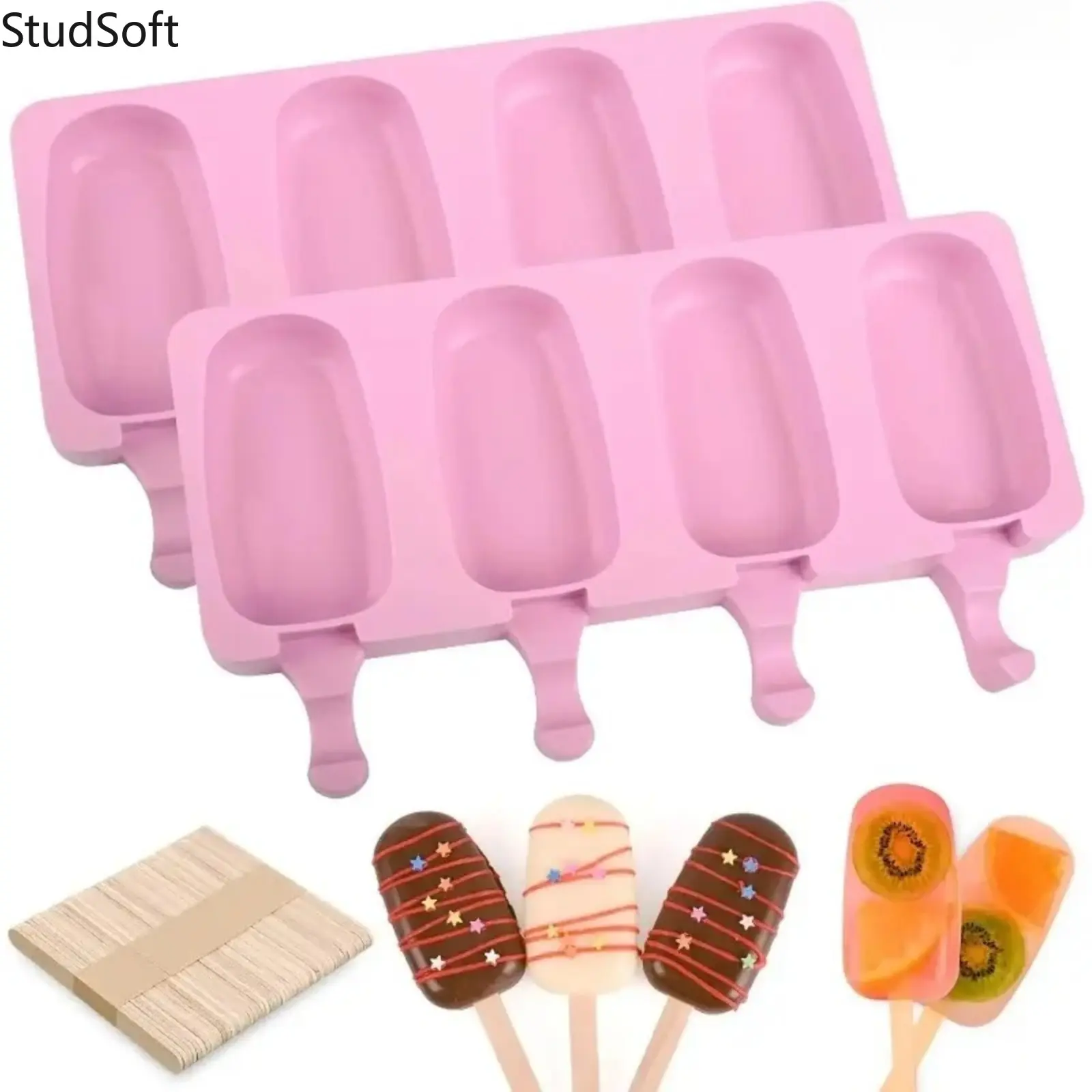 2Pcs Silicone Popsicle Molds 4 Cavity Ice Pop Maker With 50 Sticks BPA Free Cakesicle Mold Flexible Easy Release Tray For DIY Ice Cream Kitchen Baking