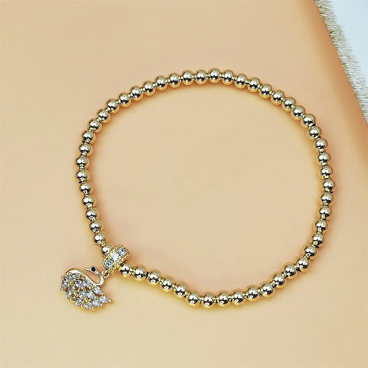 Women's 18cm Copper Plated Beaded Stretch Bracelet - Micro Pave Zircons Swan Charm Elastic Bangle, Unisex Faux Luxury Costume Jewelry, Bling Effect, All Seasons Daily Wear Accessory