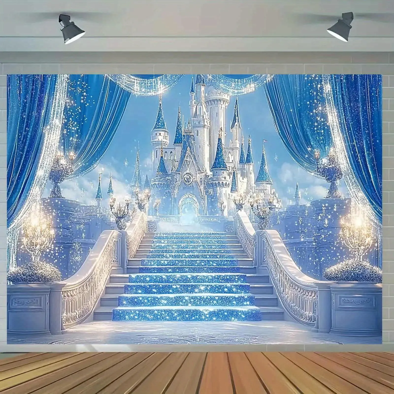 Polyester Frozen Ice Castle Tapestry Wall Hanging - 80in × 60in Blue White Winter Fantasy Palace Banner, Home Decor for Friends Holiday Events, Content Creators' Photography Studio Prop