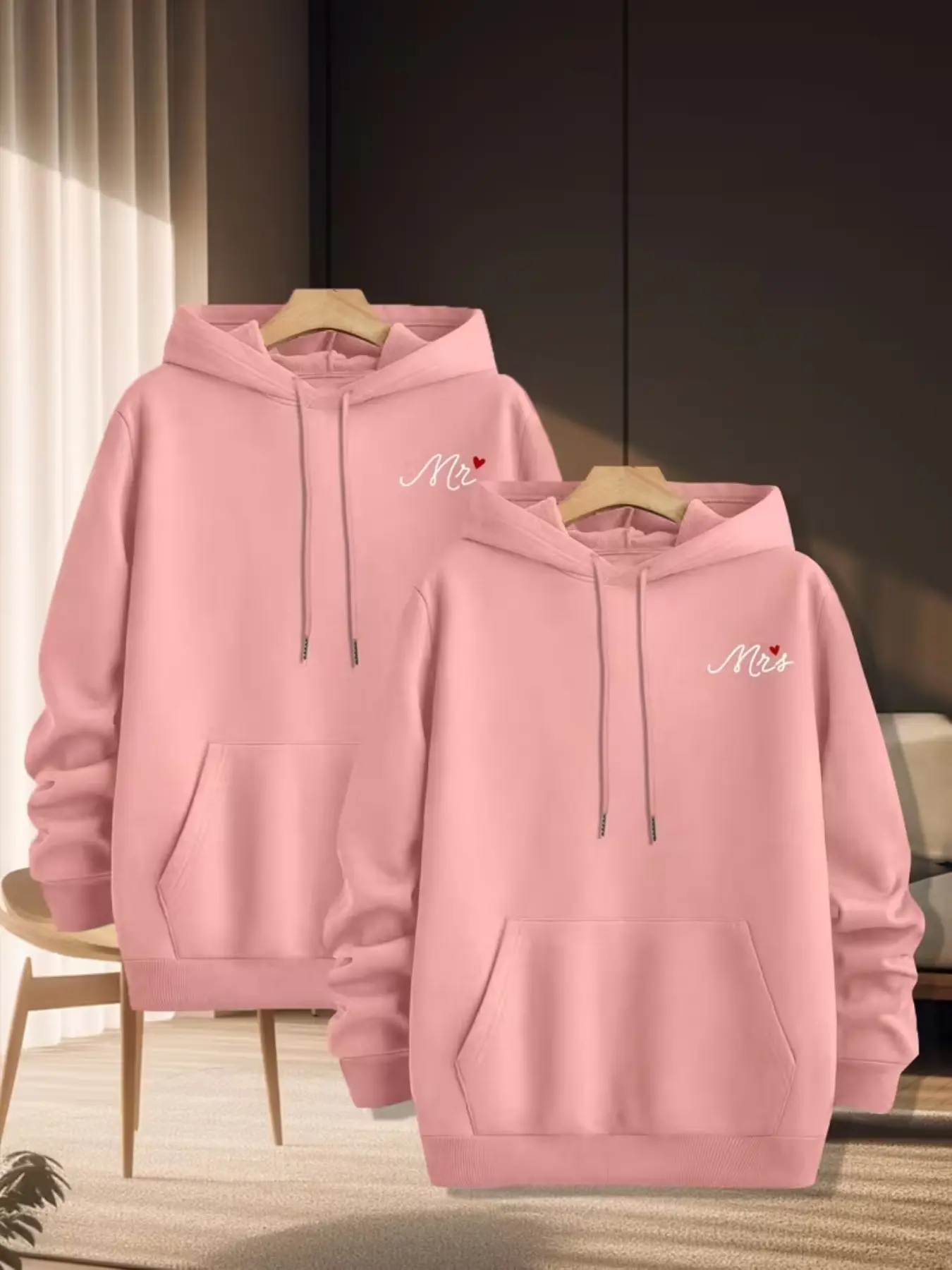Couple Hoodie Set, Unisex Long Sleeve Sweatshirts, Soft Polyester Knit, Anti-Wrinkle, Loose Fit, Perfect for Gifts & Daily Wear