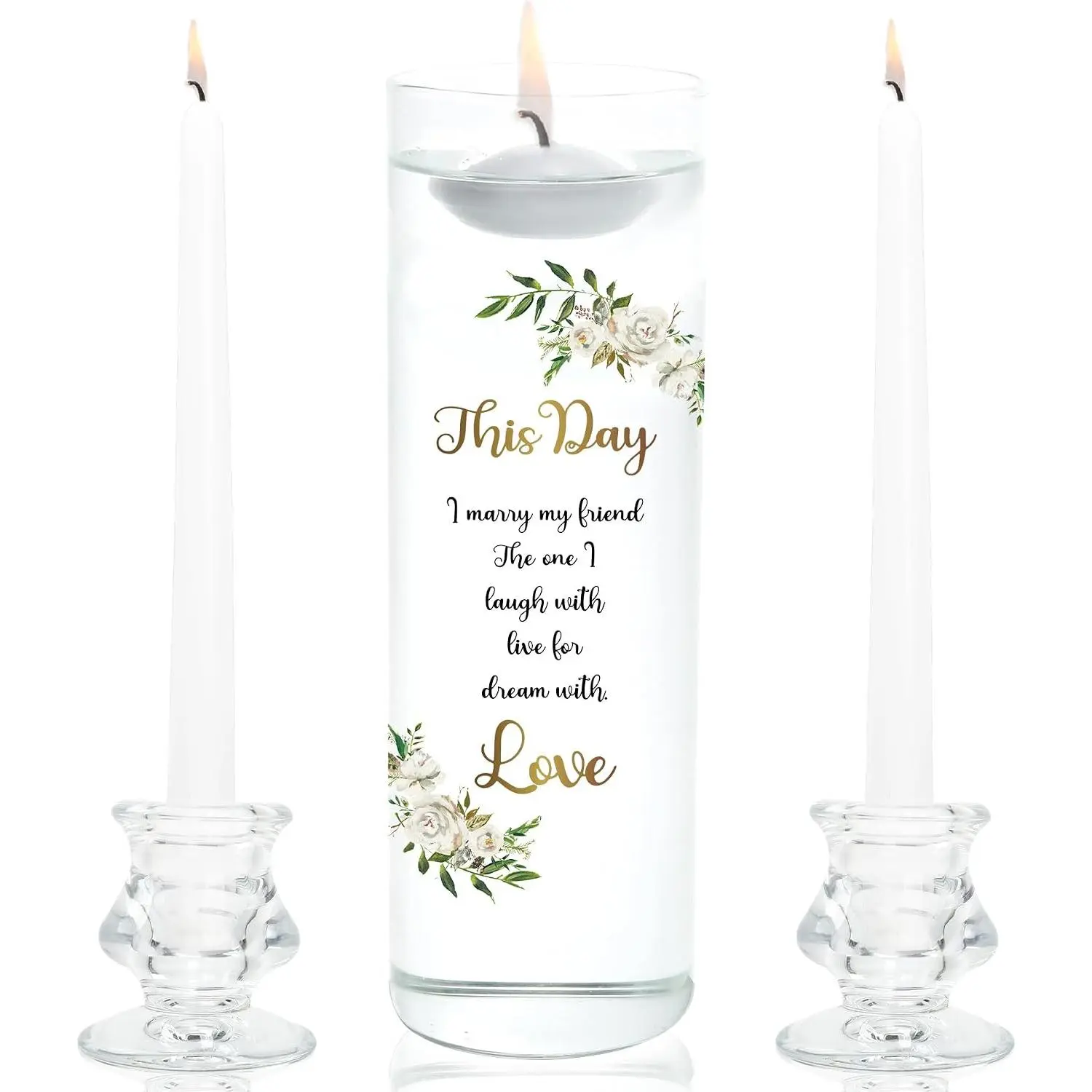 Unity Candles with Glass Holder for Wedding Ceremony - Unity Candles for Wedding, Religious Ceremony Ideas Marriage Decoration Accessories Set for Newly Couple Anniversary Church (Flower)