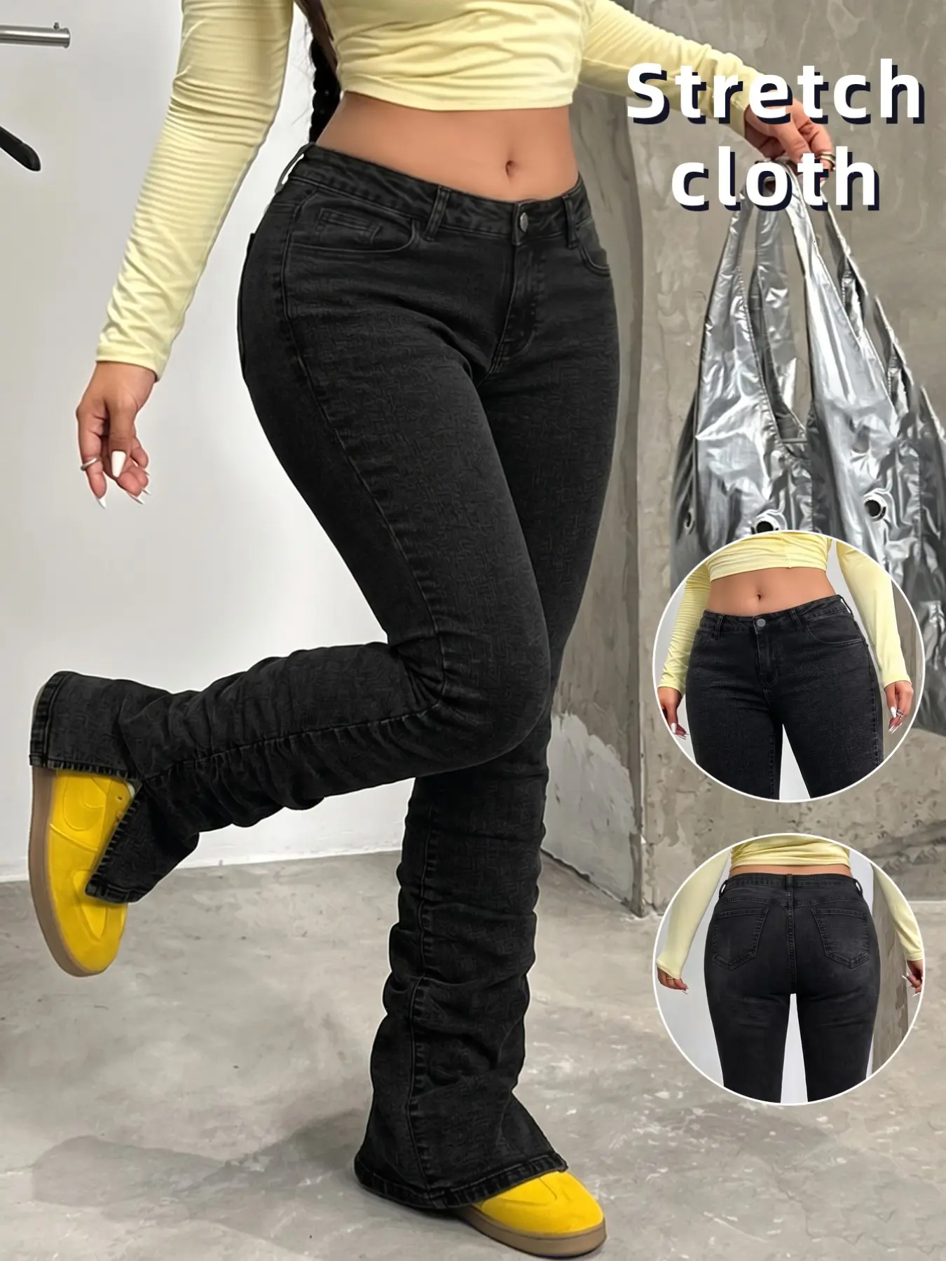 Mid Rise Stacked Flared Jeans for Women, Stretch Slim Fit Ruched Bootcut Denim Jeans, Trendy Y2K Streetwear Fashion