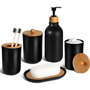 5 Pcs Matte Black Bathroom Accessories Set Plastic Soap Dispenser Toothbrush Holder Soap Dish Cotton Swab Jar Boho Bathroom Decor