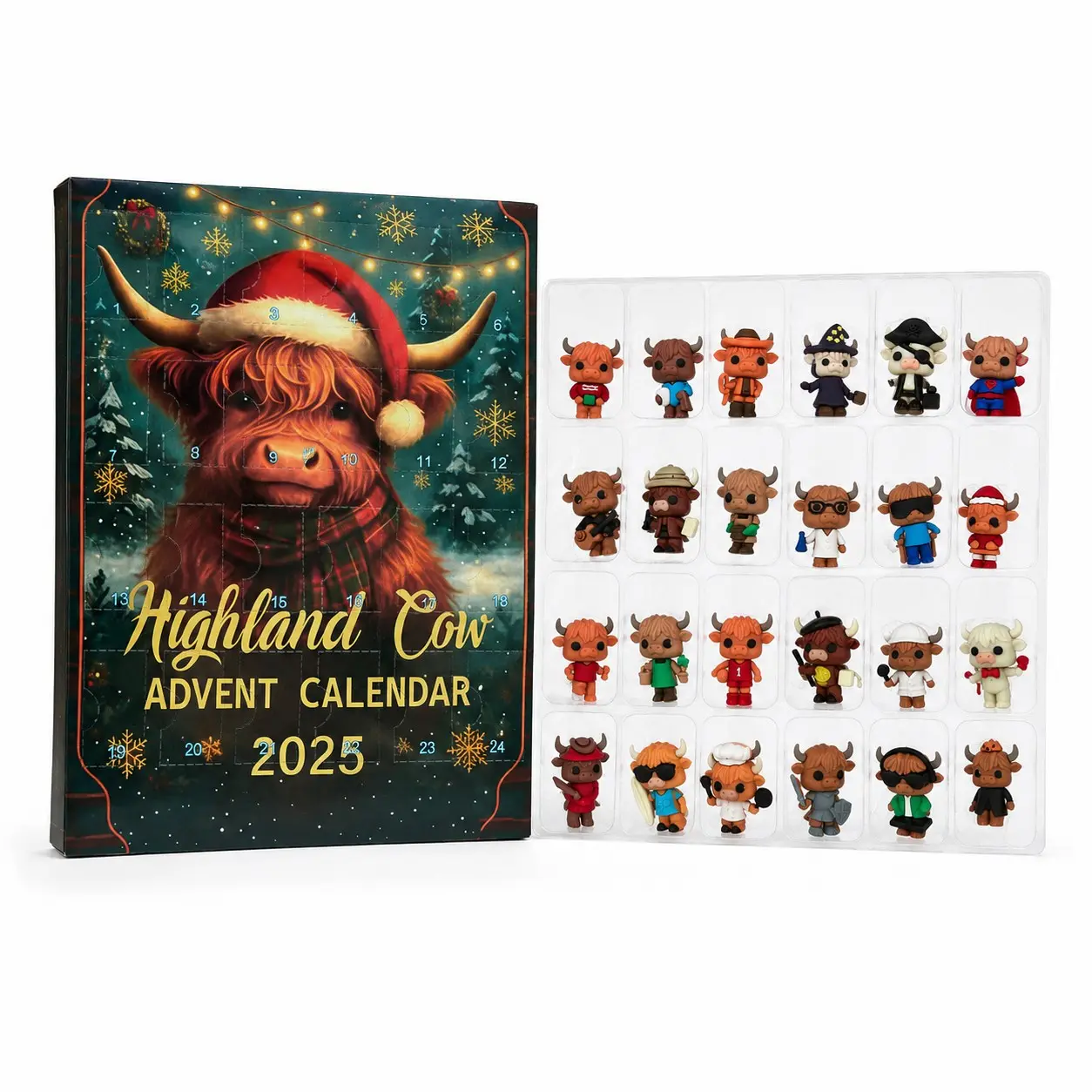 Highland Cow Arrival Calendar, 24-Day Christmas Countdown 3D Cow Doll Decoration, Family Christmas Tree Gift, Santa Hat Design, Holiday Ornament